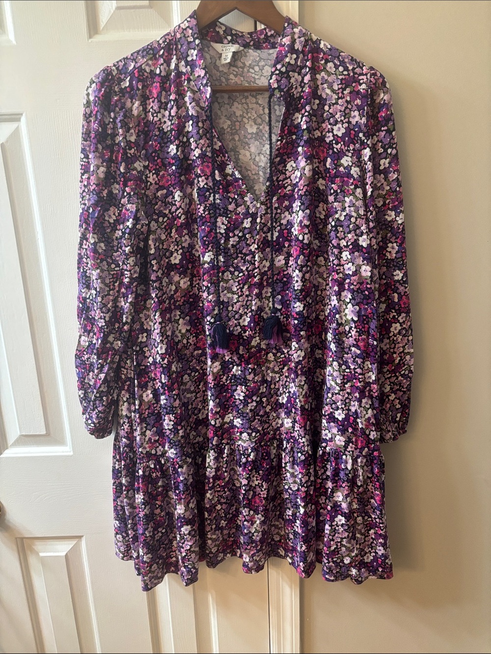 crown & ivy Purple Floral Tassel Peasant Dress